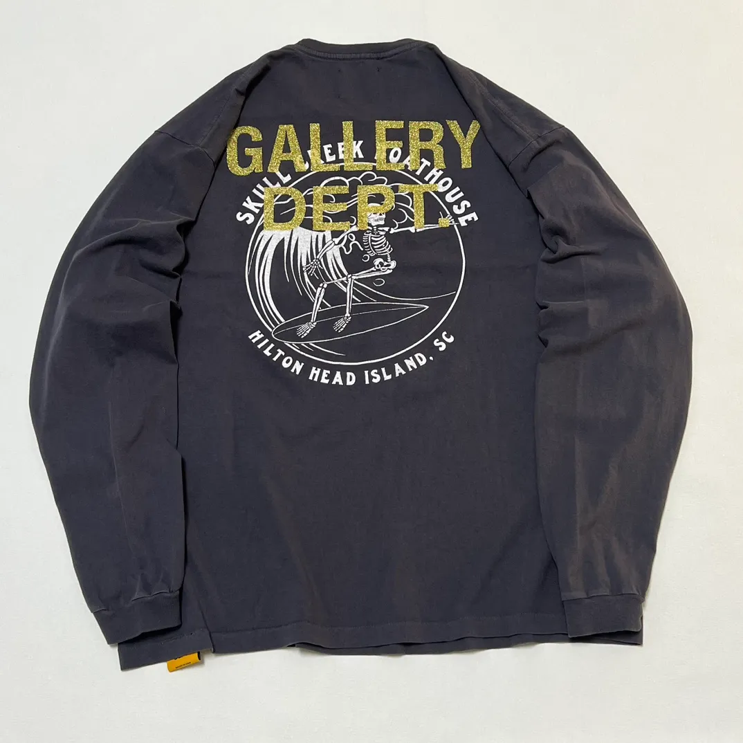 GALLERY DEPT. SKULL CREEK L/S TEE/BLK Glitter skull surf long sleeves, washed black S-XL, genuine development, correct version, garment dyed, washed and distressed, printing has a full sense of distress